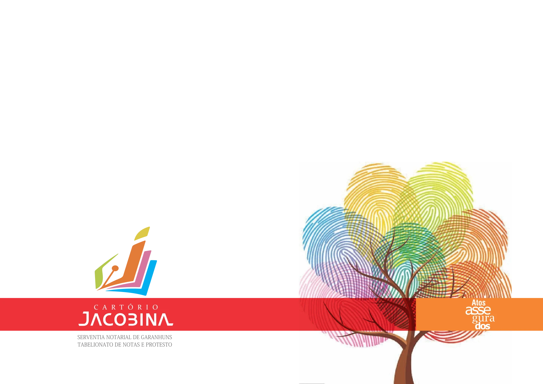 Identidade institucional de acessibilidade do Cartório Jacobina, representada pela marca e por uma árvore formada por impressões digitais coloridas